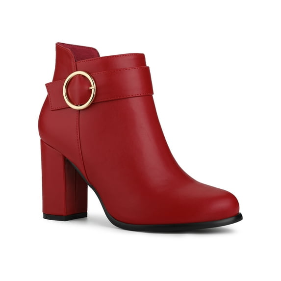 BLISSFUL STEP Women's Round Toe Circle Buckle Block High Heel Ankle Boots