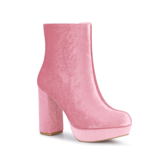 BLISSFUL STEP Women's Round Toe Faux Velvet Block Heels Ankle Boots Pink (Size 9)