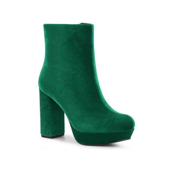 BLISSFUL STEP Women's Round Toe Faux Velvet Block Heels Ankle Boots Green (Size 10)