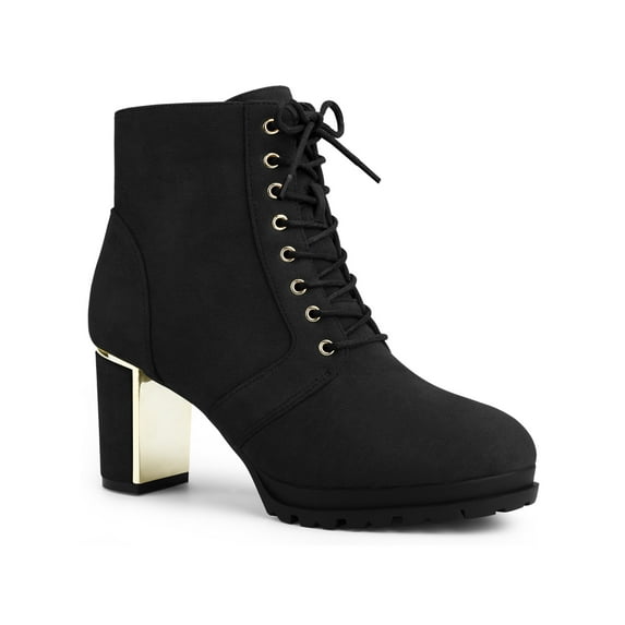BLISSFUL STEP Women's Ankle Boots Faux Suede Platform Combat Chunky Heel Lace Up Zipper Lug Sole Boots Black 6.5