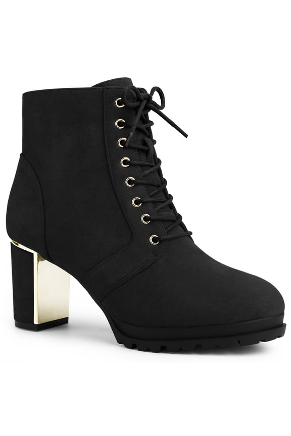 Women's Ankle Boots Faux Suede Platform Combat Chunky Heel Lace Up Zipper Lug Sole Boots Black 9