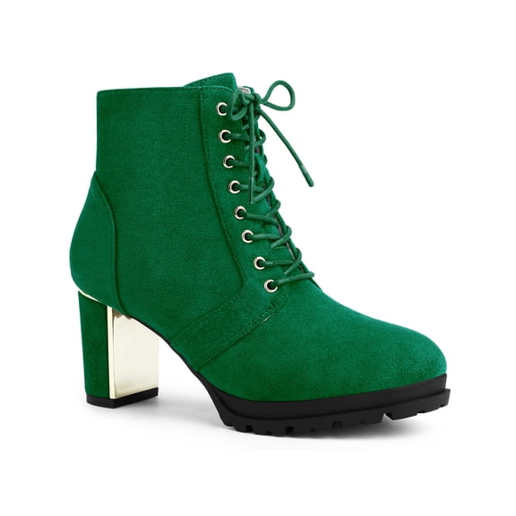 BLISSFUL STEP Women's Ankle Boots Faux Suede Platform Combat Chunky Heel Lace Up Zipper Lug Sole Boots Green 8