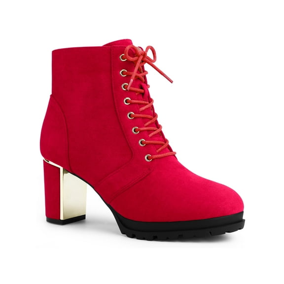 BLISSFUL STEP Women's Ankle Boots Faux Suede Platform Combat Chunky Heel Lace Up Zipper Lug Sole Boots Red 5.5