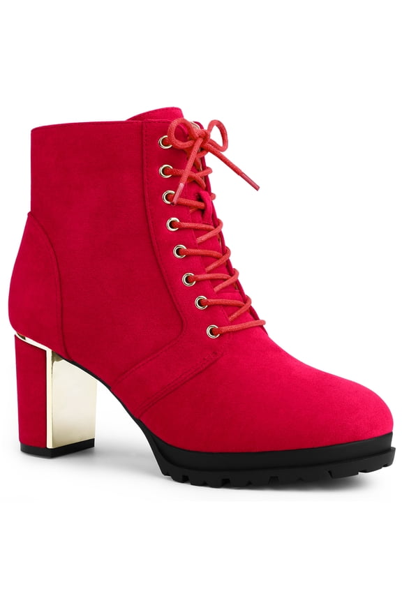 Women's Ankle Boots Faux Suede Platform Combat Chunky Heel Lace Up Zipper Lug Sole Boots Red 7