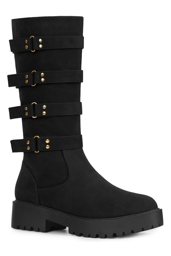 Women's Boots Goth Platform Knee High Buckle Chunky Heel Round Toe Faux Suede Boots Black 10