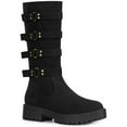thumbnail image 1 of BLISSFUL STEP Women's Boots Goth Platform Knee High Buckle Chunky Heel Round Toe Faux Suede Boots Black 7, 1 of 8