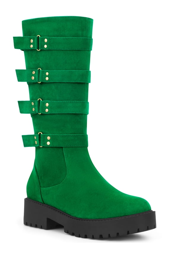 Women's Boots Goth Platform Knee High Buckle Chunky Heel Round Toe Faux Suede Boots Green 10
