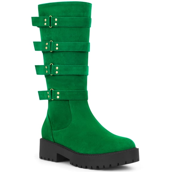 BLISSFUL STEP Women's Boots Goth Platform Knee High Buckle Chunky Heel Round Toe Faux Suede Boots Green 9