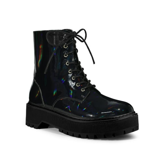 BLISSFUL STEP Valentine's Women's Boot Colorful Round Toe Platform Lace Up Ankle Boots Black 7.5