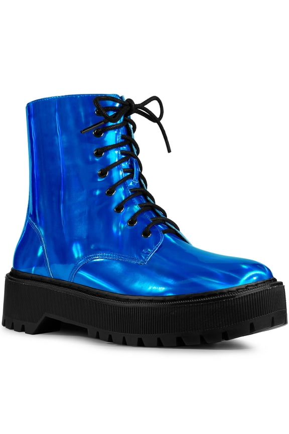 Valentine's Women's Boot Colorful Round Toe Platform Lace Up Ankle Boots Blue 7.5