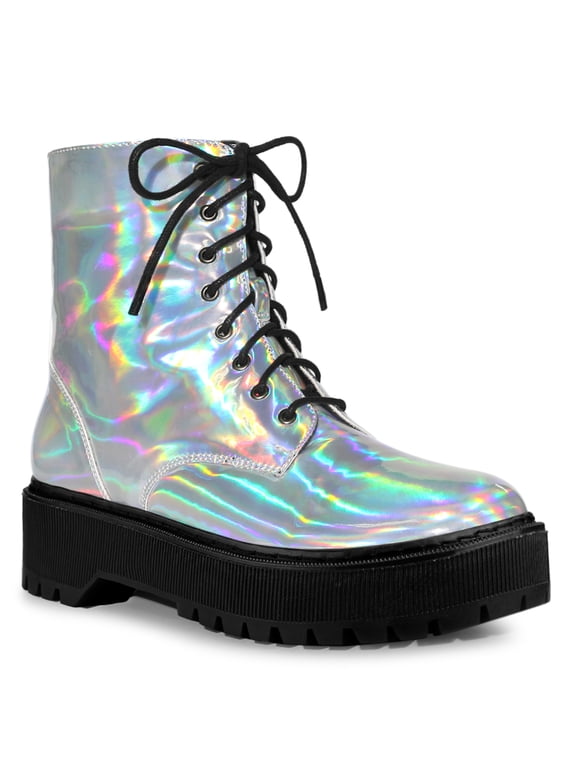 Women's Back to School Shoes Boot Colorful Round Toe Platform Lace Up Ankle Boots Silver 10