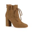 thumbnail image 1 of BLISSFUL STEP Women's Round Toe Ruffle Decor Block Heel Ankle Boots Brown 9, 1 of 7
