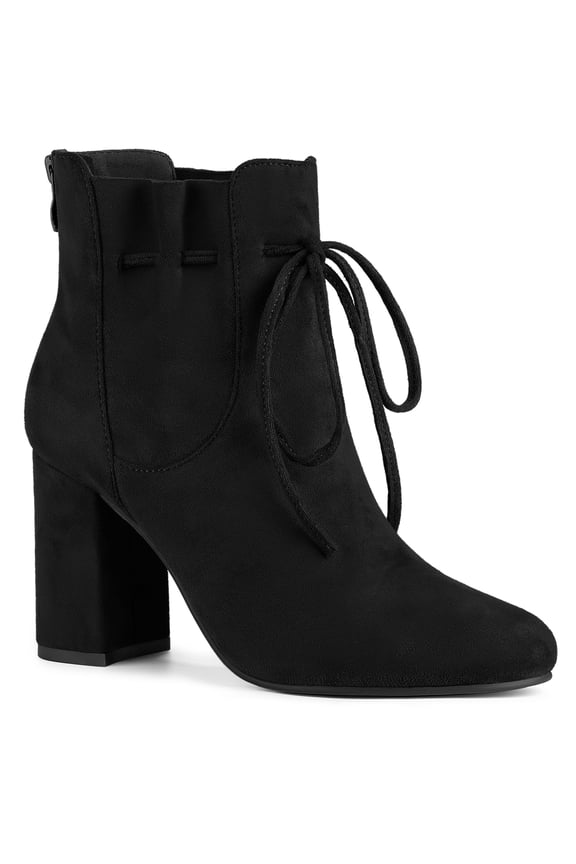 Women's Round Toe Ruffle Decor Block Heel Ankle Boots Black 7.5