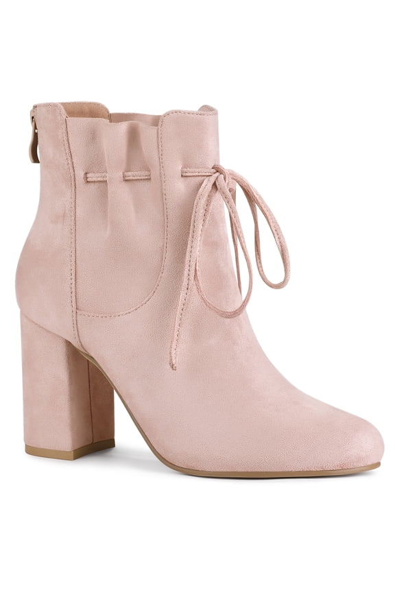 Women's Round Toe Ruffle Decor Block Heel Ankle Boots Dust Pink 6.5