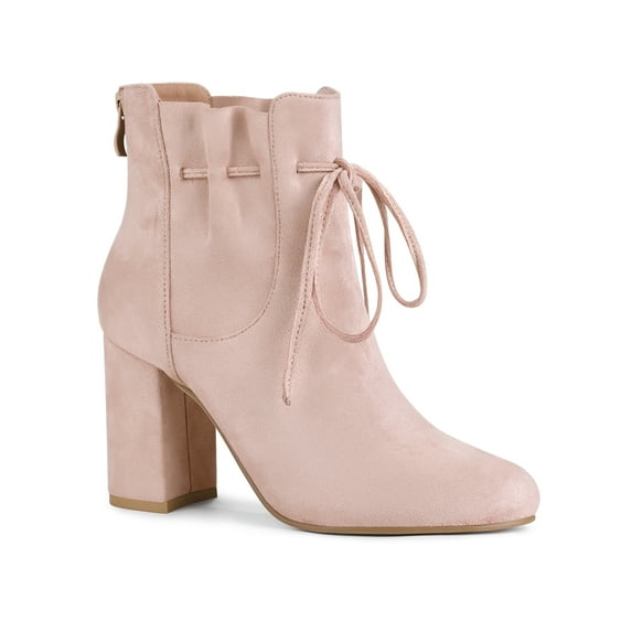 BLISSFUL STEP Women's Round Toe Ruffle Decor Block Heel Ankle Boots Dust Pink 6.5