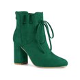 thumbnail image 1 of BLISSFUL STEP Women's Round Toe Ruffle Decor Block Heel Ankle Boots Green 10, 1 of 8