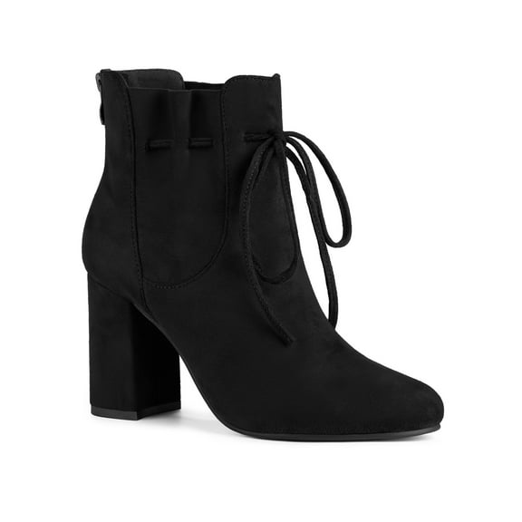 BLISSFUL STEP Women's Round Toe Ruffle Decor Block Heel Ankle Boots Black 10