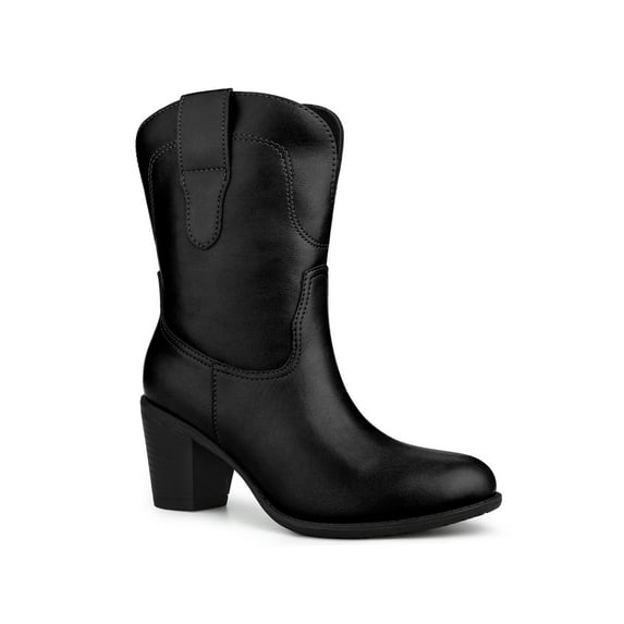 BLISSFUL STEP Women's Round Toe Slip on Block Heel Cowboy Boots