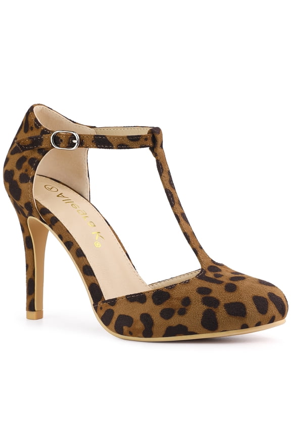 Women's Shoes Round Toe Stiletto Heel T-Strap Sandals Leopard 9