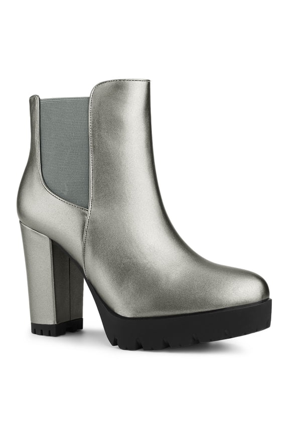 Women's Round Toe Zip Block Heel Platform Ankle Boots Silver Grey 6