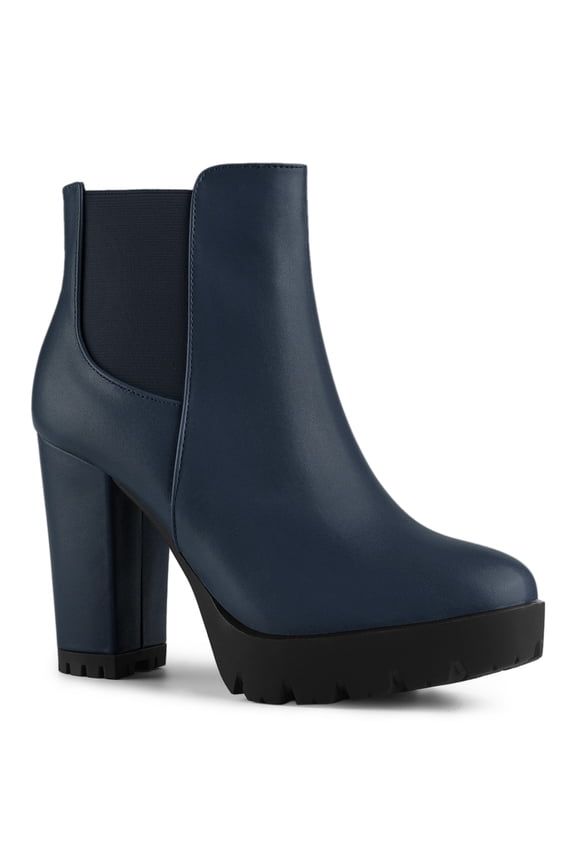 Women's Round Toe Zip Block Heel Platform Ankle Boots Navy Blue 7