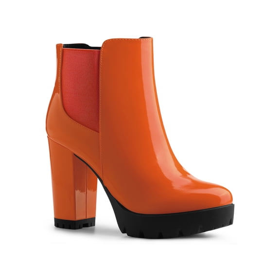 BLISSFUL STEP Women's Round Toe Zip Block Heel Platform Ankle Boots Orange 7
