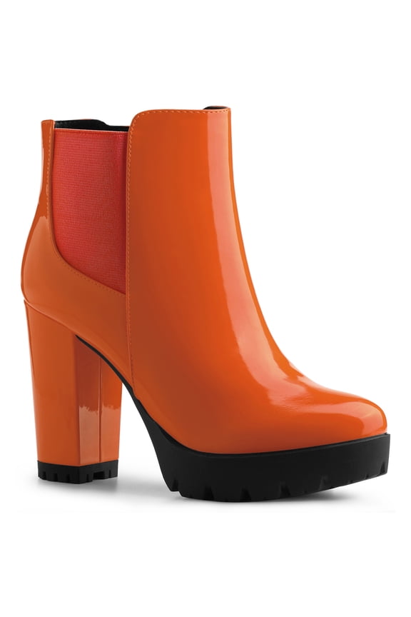 Women's Round Toe Zip Block Heel Platform Ankle Boots Orange 8