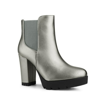 Allegra K Women's Round Toe Zip Block Heel Platform Ankle Boots Silver Grey (Size 9)