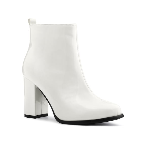 BLISSFUL STEP Women's Round Toe Zip Block High Heels Ankle Boots White 9.5