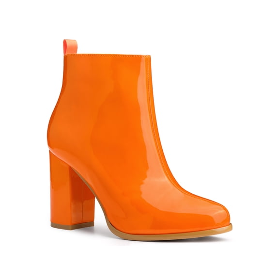 BLISSFUL STEP Women's Round Toe Zip Block High Heels Ankle Boots Orange 9.5