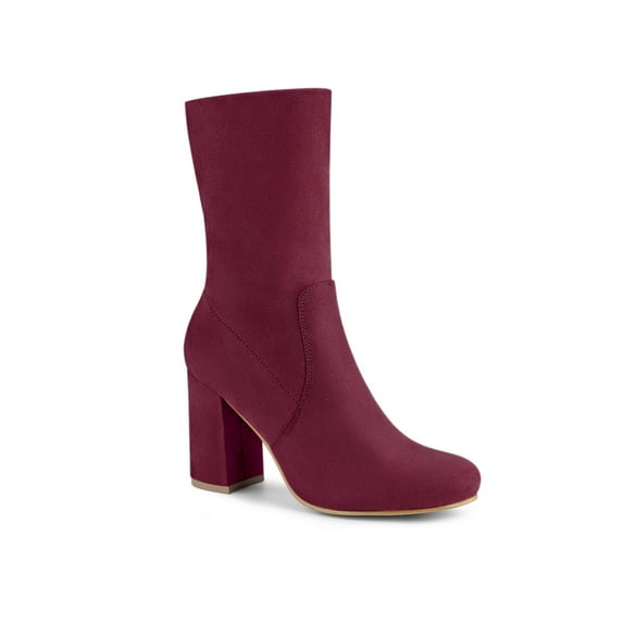 BLISSFUL STEP Women's Boots Faux Suede Rounded Toe Block Heel Foldable Ankle Boots Burgundy 10