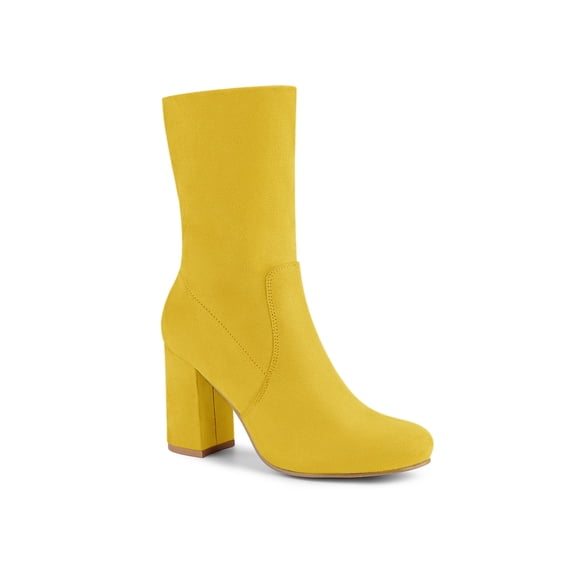 BLISSFUL STEP Women's Boots Faux Suede Rounded Toe Block Heel Foldable Ankle Boots Yellow 7.5