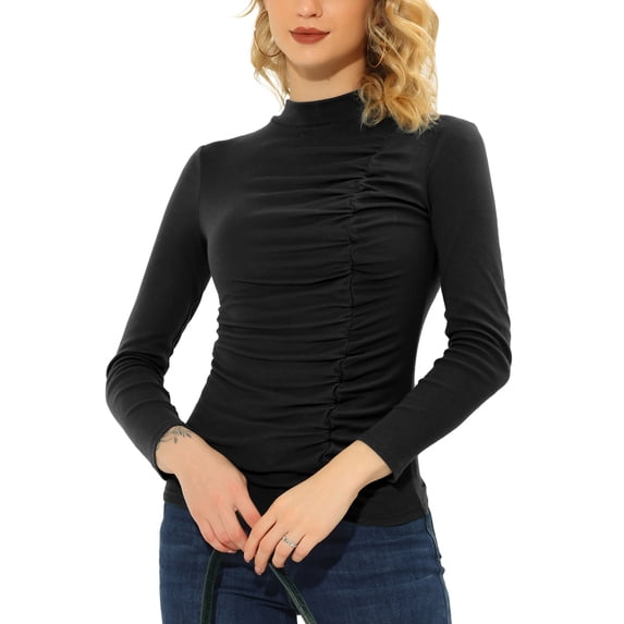 INSPIRE CHIC Women's Ruched Top Mock Neck Long Sleeve Knit Blouse Black S