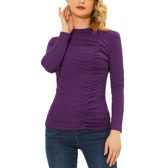 Allegra K Women's Ruched Front Mock Long Sleeves Neck Knit Casual Blouse Tops