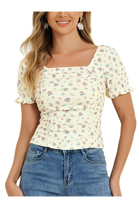 Women's Ruched Front Floral Print Short Sleeve Cropped Top M Beige Yellow