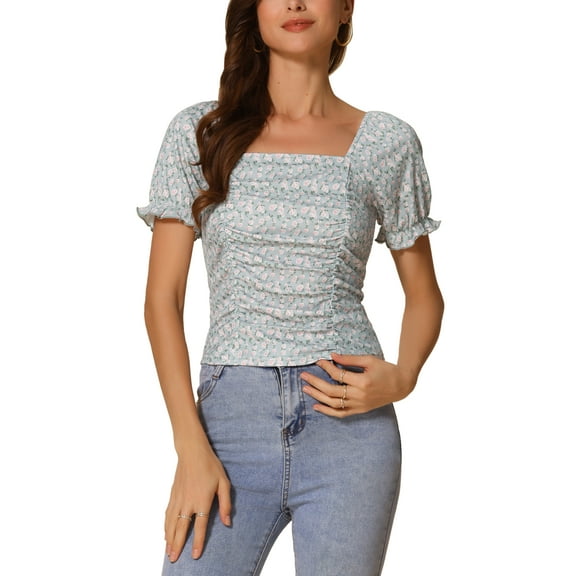 INSPIRE CHIC Women's Ruched Front Floral Print Short Sleeve Cropped Top M Green