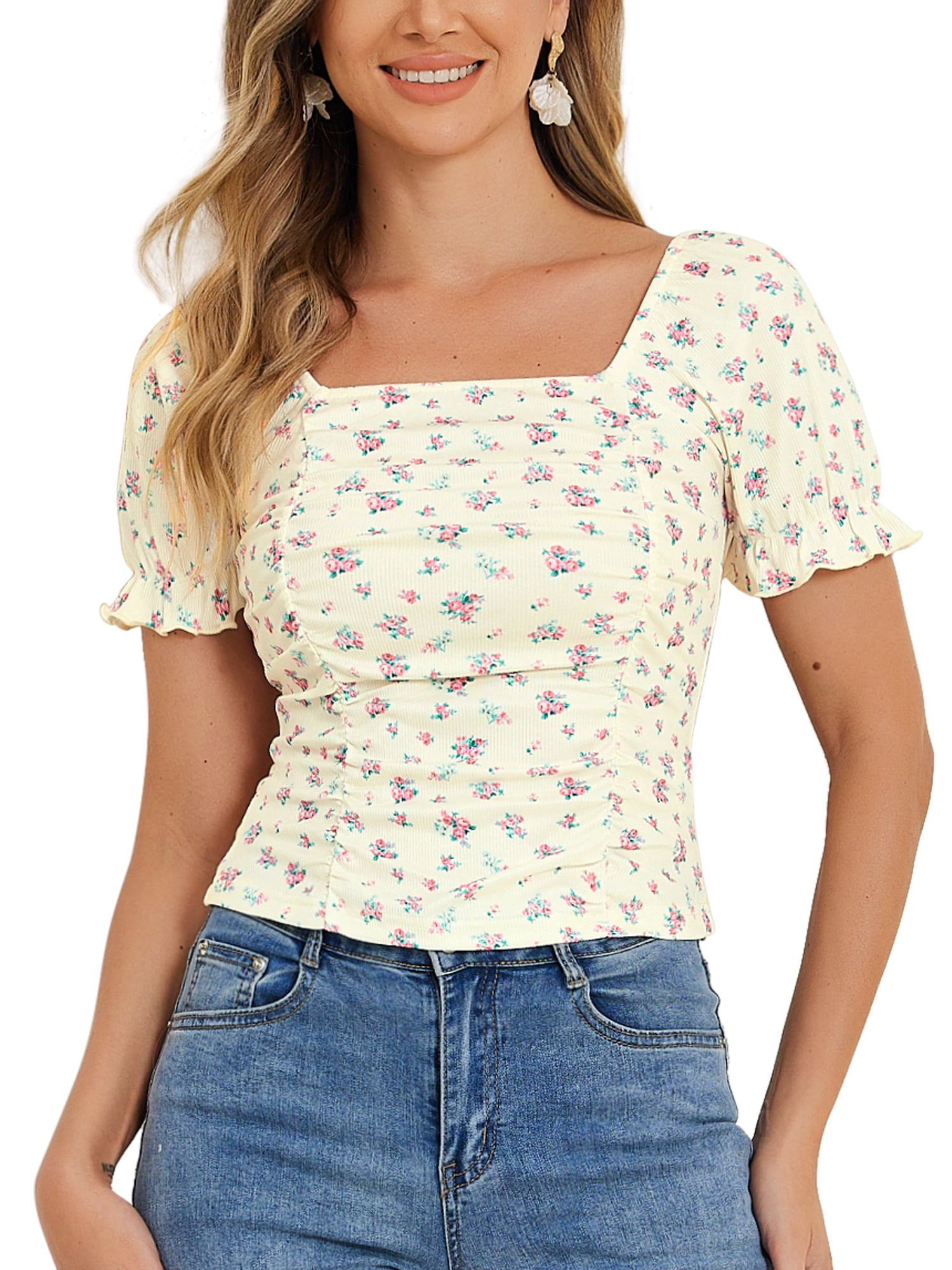 INSPIRE CHIC Women's Ruched Front Floral Print Short Sleeve Cropped Top — free download