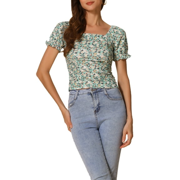 INSPIRE CHIC Women's Ruched Front Floral Print Short Sleeve Cropped Top XL Mint Green