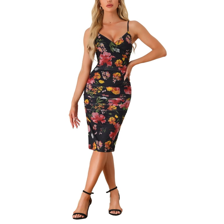 Spaghetti Straps Side Slit Floral Bodycon Midi Dress Spaghetti Straps Side Slit Floral Bodycon Midi Dress