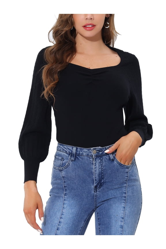Women's Ruched Sweetheart Neck Lantern Sleeve Ribbed Knit Slim Blouse Black S