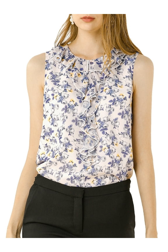 Women's Ruffle Chiffon Sleeveless Floral Top M Beige