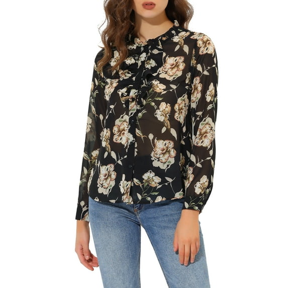 INSPIRE CHIC Women's Ruffle Collar Long Sleeve Button Down Floral Shirt S Black