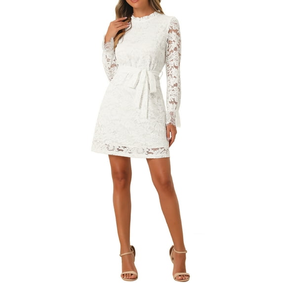 INSPIRE CHIC Women's Ruffle Crew Neck Long Sleeves Floral Lace Casual Mini Dress L White