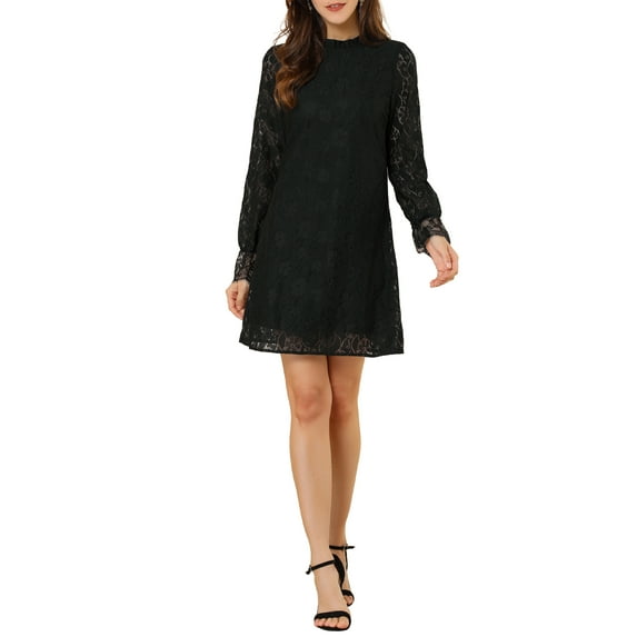INSPIRE CHIC Women's Ruffle Crew Neck Long Sleeves Floral Lace Casual Mini Dress M Black