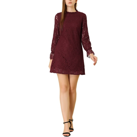 INSPIRE CHIC Women's Ruffle Crew Neck Long Sleeves Floral Lace Casual Mini Dress S Burgundy