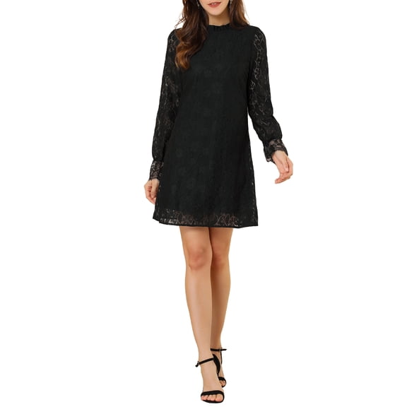 INSPIRE CHIC Women's Ruffle Crew Neck Long Sleeves Floral Lace Casual Mini Dress XS Black