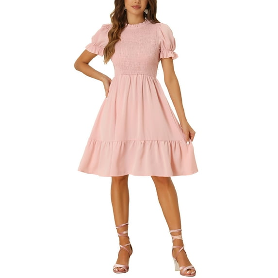 Allegra K Women's Ruffle Crew Neck Puff Short Sleeve Smocked Tie Midi Dress