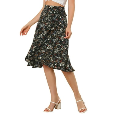 INSPIRE CHIC Women's Ruffle Flare Tie Waist High Low Floral Wrap Skirt XS Black White