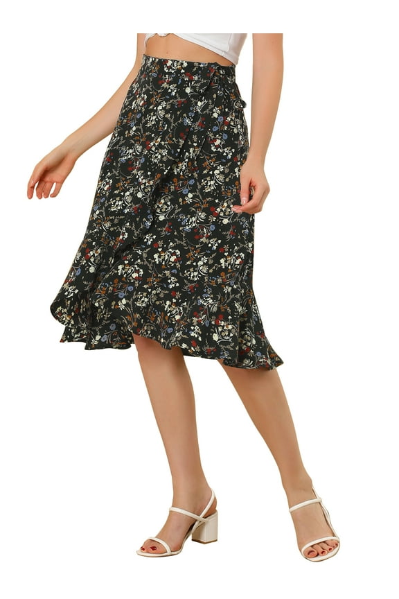 Women's Ruffle Flare Tie Waist High Low Floral Wrap Skirt XS Black White