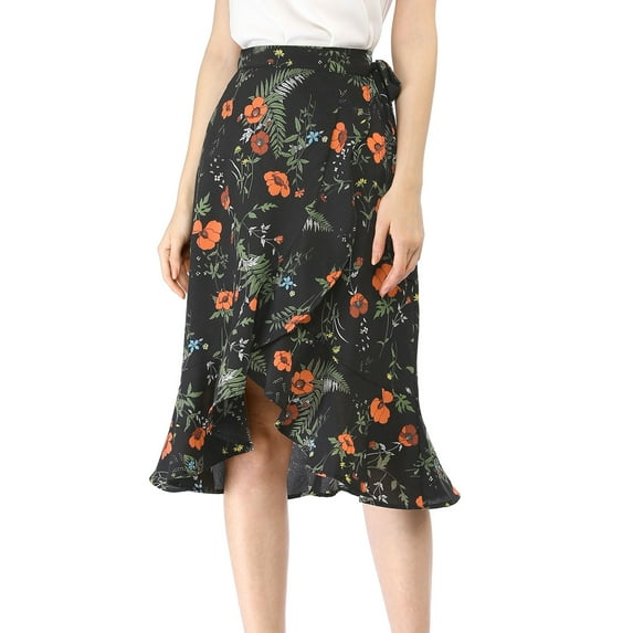 INSPIRE CHIC Women's Ruffle Flare Tie Waist High Low Floral Wrap Skirt S Black